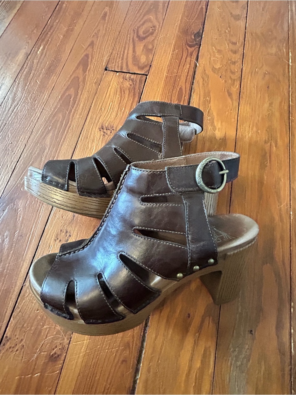 Dansko Brown Cutout Leather Sandal Heels with Buckle